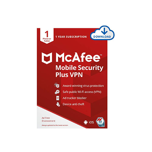 McAfee Mobile Security Plus VPN, 1 Phone or Tablet, Antivirus Software, Internet Security, 1 year